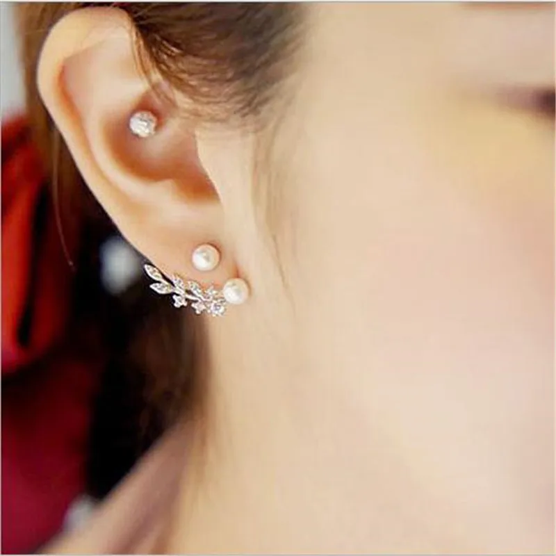 TJP наивысшего качества 925 серебро серьги для женщин ювелирных изделий партии очарование кристалла листьев Перл женский серьги-гвоздики сзади висит