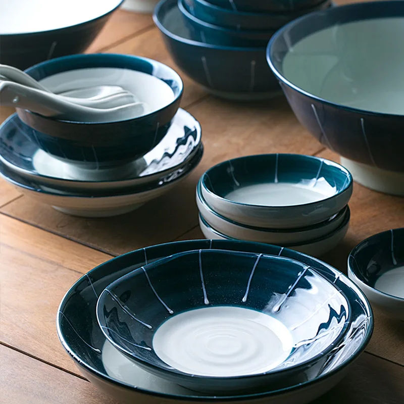 1 человек/2 человек/6 человек наборы керамической посуды темно синий цвет керамика чаши Длинные суши японский фарфор набор посуды
