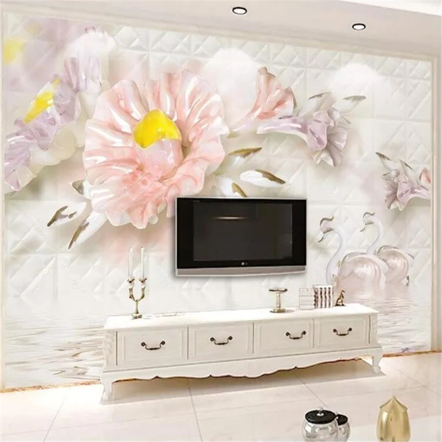 

Custom wallpaper 3d solid wall white 3d stereo flower swan soft pack European TV background wall papers home decor 3d wallpaper