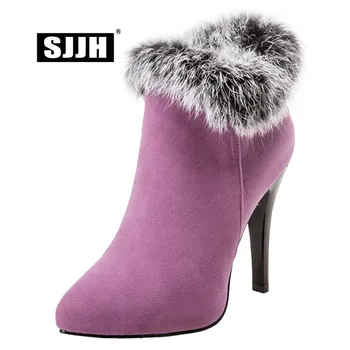 

SJJH Women Flock Stiletto Ankle Boots with Point Toe Zip Short Plush Martin Boots with Fur Fashion Elegant Shoes Large Size Q415