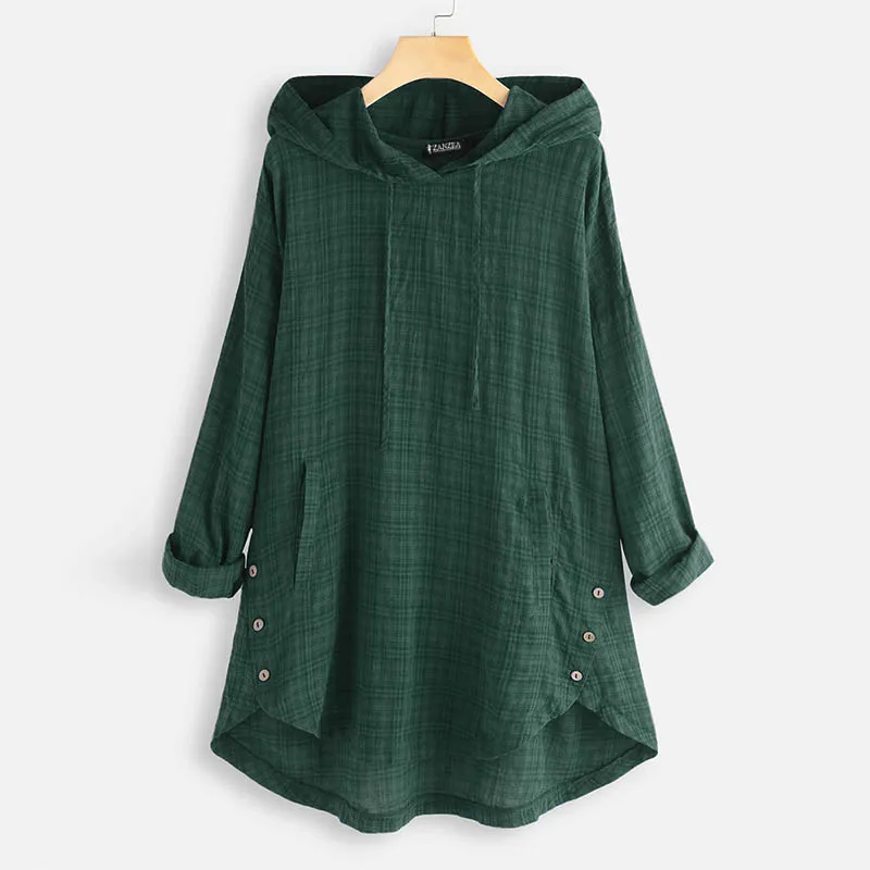 Топы с капюшоном, Женская клетчатая блузка, ZANZEA, модная повседневная клетчатая футболка, Женская туника с длинным рукавом, на пуговицах, несимметричные Блузы 5XL - Цвет: Зеленый