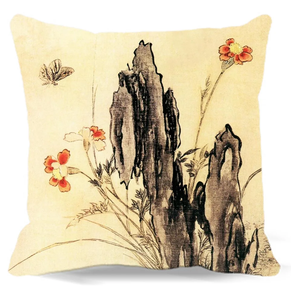 Bunga Dan Kupu Kupu Lukisan Cina Square Cotton Polyester Bantal