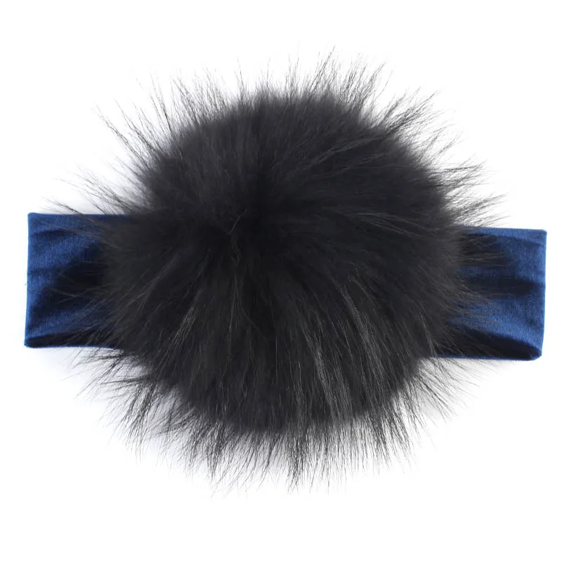 Geebro 15 см мех енота помпонами для малышей плотная велюровая головная повязка для девочек Упругие волосы тюрбан-повязка для девочек повязки для малышей - Цвет: Navy Black