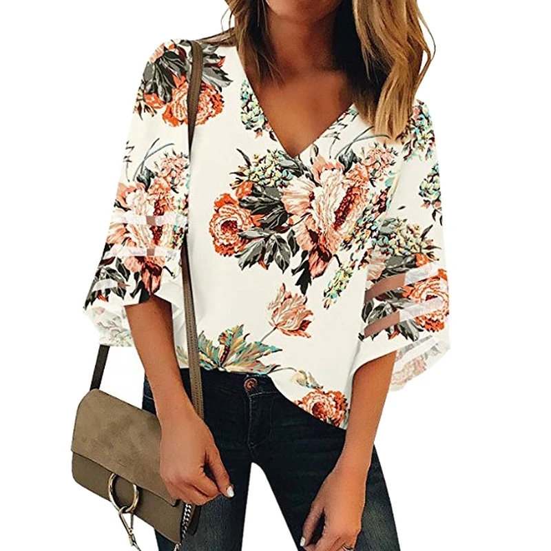 

FashionWomen Summer V Neck Flora Print Bell Sleeve Shirt Casual Loose Tunic Tops