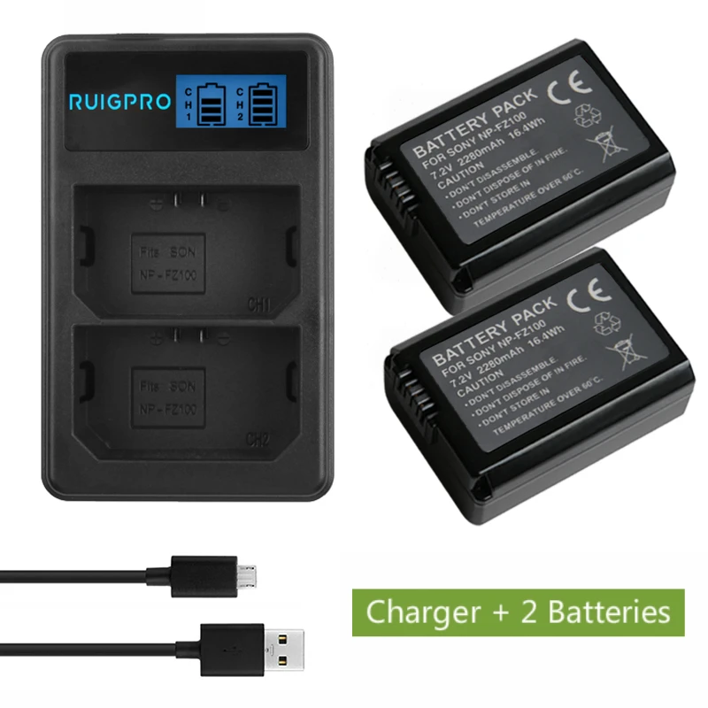 

2Pc 2280mAh NP-FZ100 NPFZ100 NP FZ100 Battery + LED Dual USB Charger for Sony NP-FZ100, BC-QZ1, Sony a9, a7R III, a7 III, ILCE-9