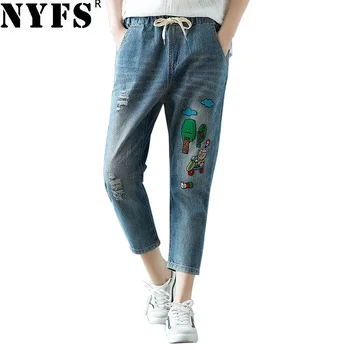

NYFS 2020 New Summer Women jeans loose Vintage Elastic Denim Pants Printing Hole Trousers