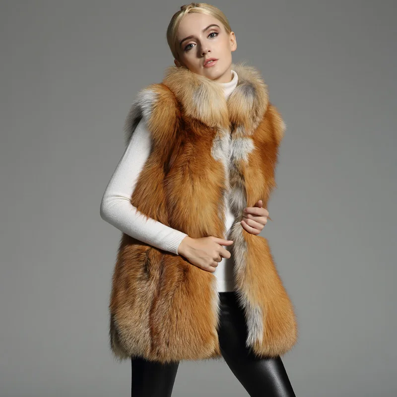 European Style Women Fashion Red Fox Fur Vest With Collar fashion Real