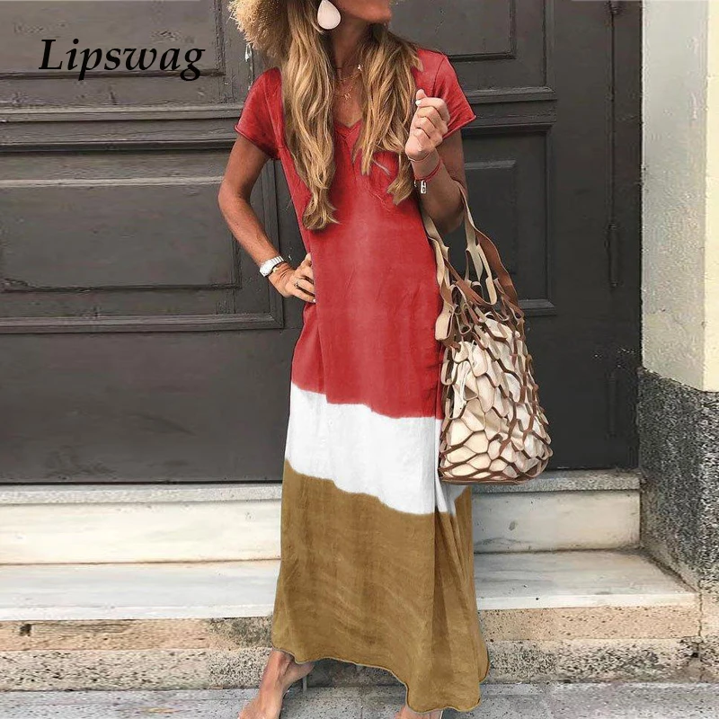 

Lipswag Casual Patchwork Summer Sundress Women Fashion V-neck Short Sleeve Beach Long Dress Femme Plus Size Party Dress Vestidos