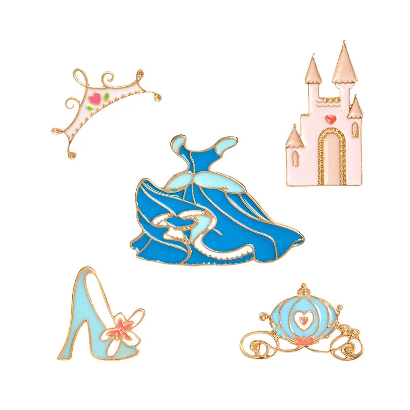 

A Fairy Tale Girls Pin Brooch Cinderella Blue Dress Palace Pumpkin Carriage Crystal Shoes Princess Pins Collection for Children