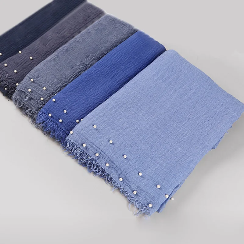 

5pcs/lot Viscose Cotton Maxi Crinkle Cloud Hijab Scarf With Pearls Beads Shawl Soft Islam Muslim Wholesale Scarves Mixed Colors