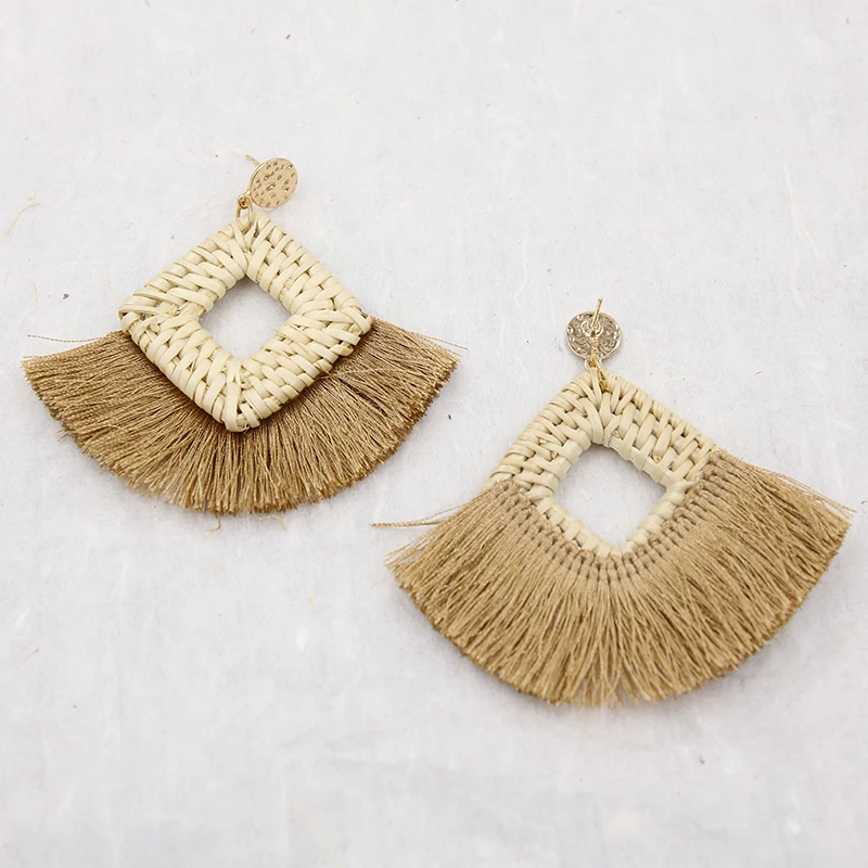 Handmade Geometry Square Straw Tassel Earrings Vintage Woven Rattan Hoop Fringe Drop Earring Jewelry