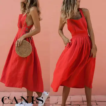 

Hot Women Summer Boho Strappy Mid Dress Sleeveless Backless Boho Solid Casual Square Neck Summer Evening Party Beach Sundress