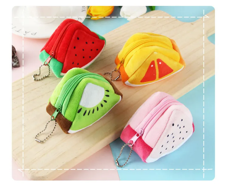 PACGOTH Kawaii Fruit Orange Kiwi Soft Plush Mini Triangle Zipper Coin Purse Women Girls Small Fashion Key Bag Pocket Wallet, 1PC