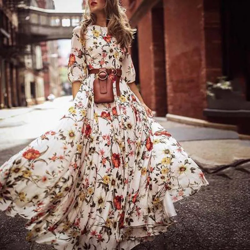 

Spring Summer Sexy Bohemian Beach Dresses Floral Printed Maxi Runway Dress Evening Party Vestido White Big Size