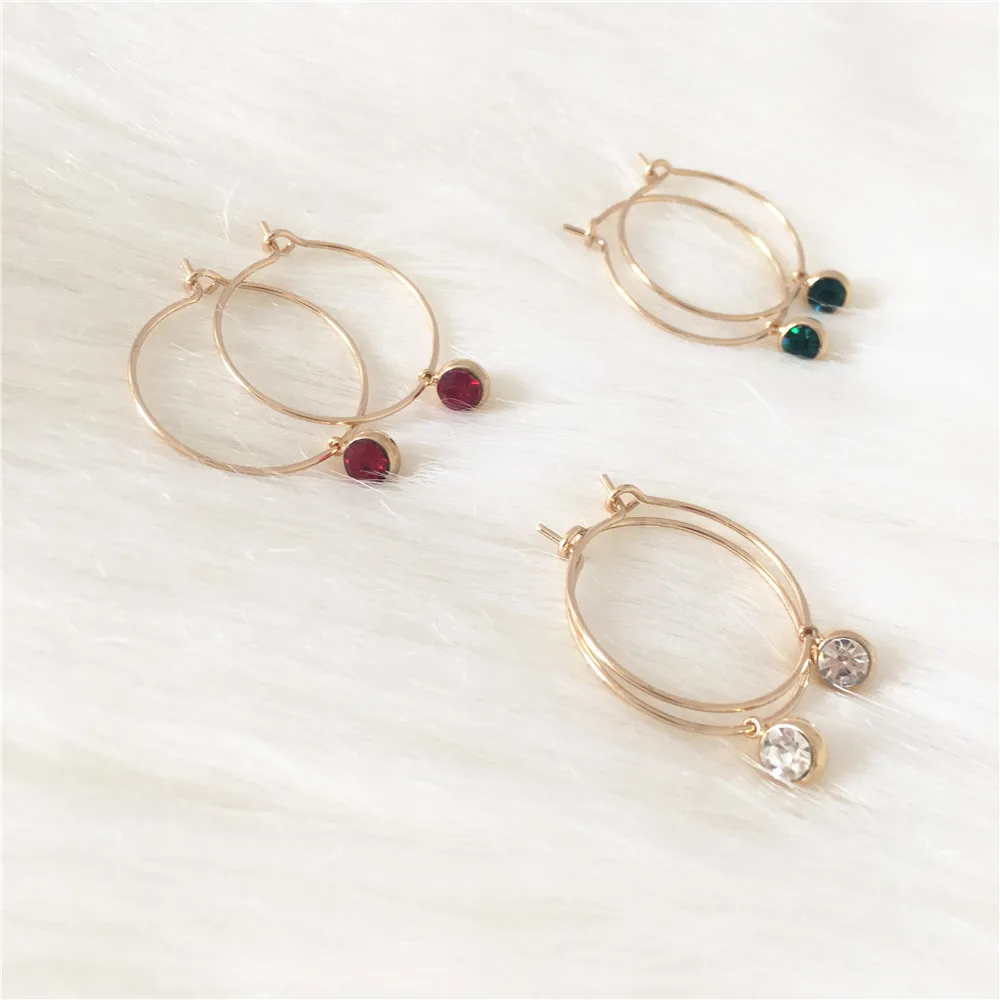 

FASHION JEWELRY ROMANTIC EARRINGS GOLD COLOR PLATING THIN HOOP WITH SMALL STONE CHARM EARRINGS