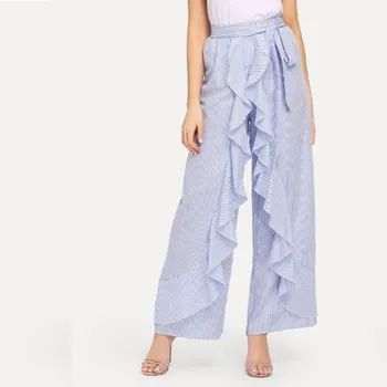 

Women High Waist Striped Wide Leg Pants Ruffle Belted Long Trousers Streetwear Bow Tie Casual Pants