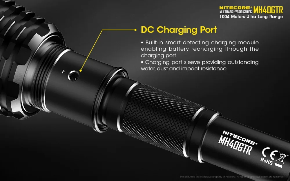 NiteCore MH40GTR светодиодный фонарик CREE XP-L HI V3 1200 люменов расстояние 1004 м+ порт для зарядки постоянного тока+ 2 аккумулятора 18650+ автомобильный адаптер