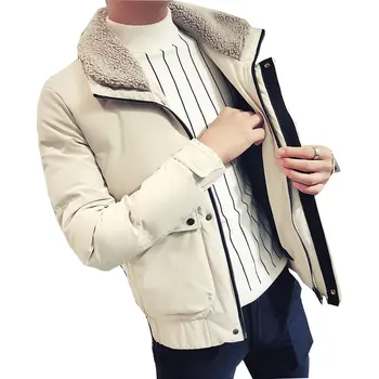 

2018Autumn and Winter Men's New Thick Cotton coat Men's Slim Lamb Fur Collar Cotton jacket Black cotton jacket More size M-XXXL