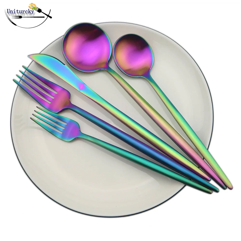 

Uniturcky Rainbow Silverware New Arrival Stainless Steel Colorful Creative Dinner Set Cutlery Set 5Pcs Dinnerware Set Mom Gift