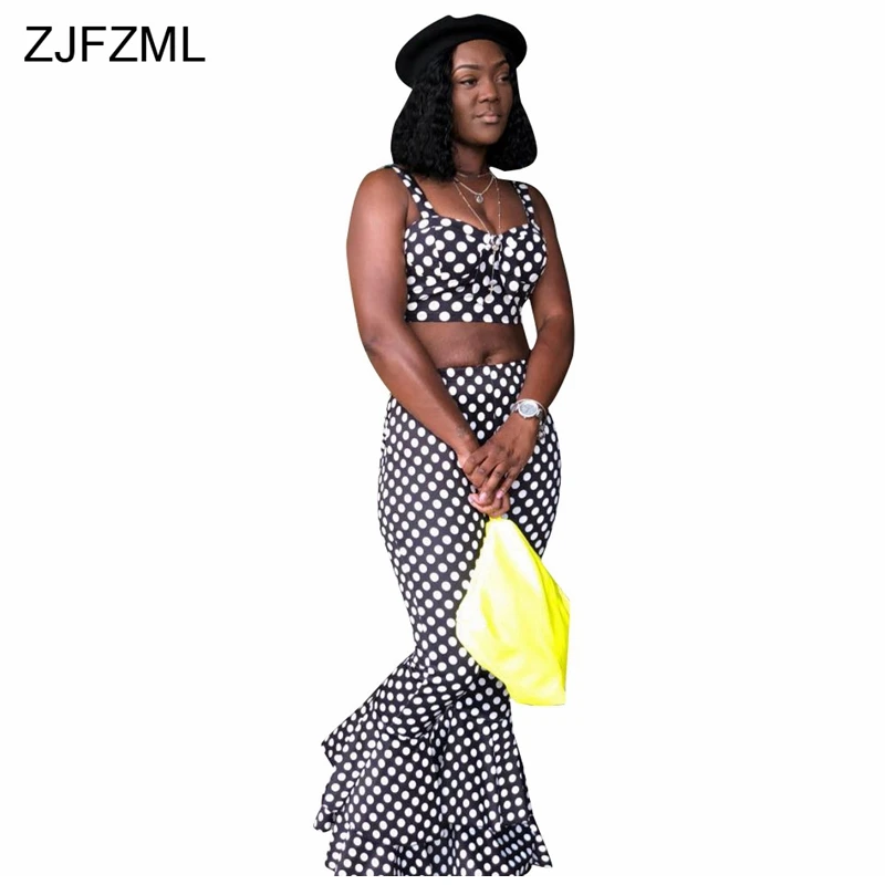 

ZJFZML Black White Polka Dot Print Two Piece Set Spaghetti Strap Backless Wrap Crop Top And Bodycon Ruffles Flare Long Pant Suit