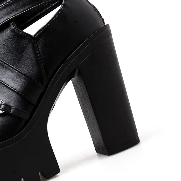 PXELENA/Туфли-гладиаторы в стиле панк-рок, готический стиль; женская обувь на толстой платформе; обувь на очень высоком массивном каблуке; обувь в римском стиле с металлическим украшением; обувь в стиле ретро