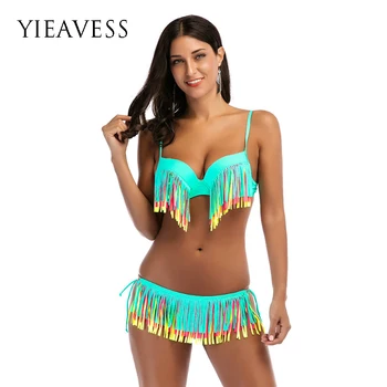 

YIEAVSS 2018 New Hot Summer Swimsuit Push up Solid Tassel Swimsuit Double-sided Printed Bathing For Women drop shopping Bikini