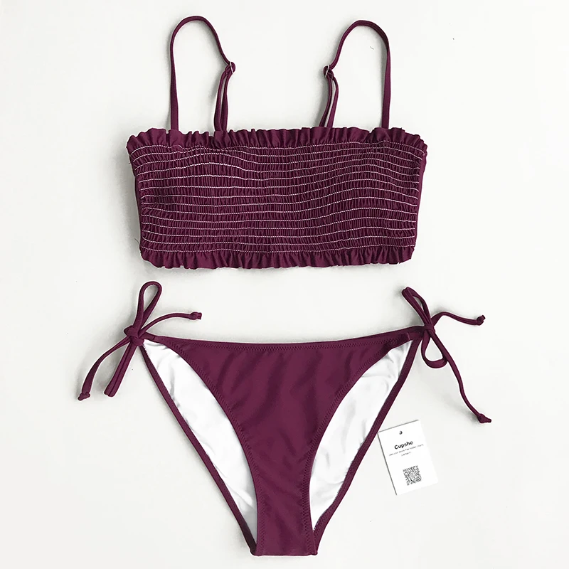

Cupshe Violet Dream Solid Bikini Set Triangle Shirring Swimsuit Bathing Suit Brazilian Biquini Monokini Maillot De Bain