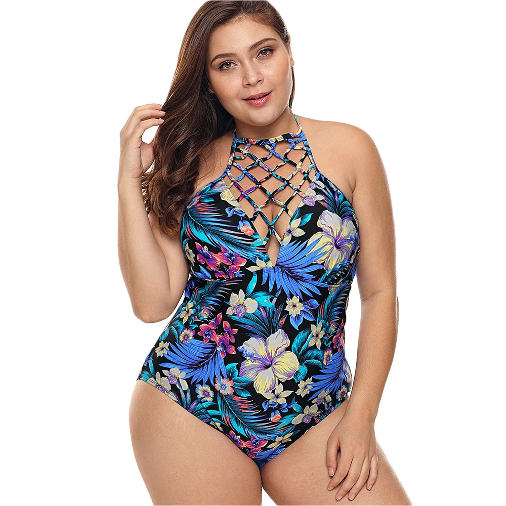 

Wipalo Women Plus Size Floral Print Cutout Swim Set Criss Cross Halter Neck Open Back Beach Wear Summer Holiday Casual Set 2019