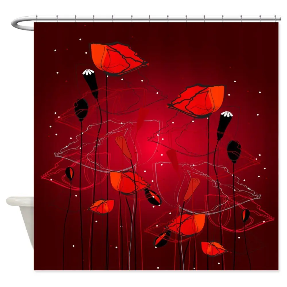 

Red Poppies Shower Curtain Decorative Fabric Shower Curtain Set House Doormats for Living Room Anti-Slip Rug