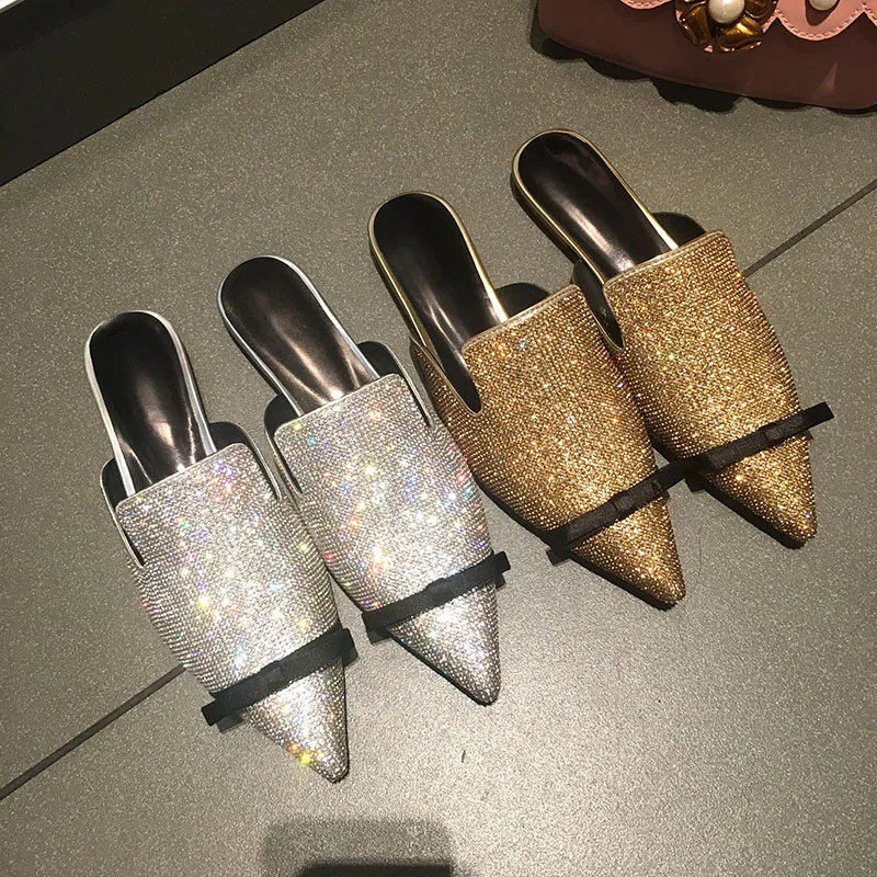 

Woman Slipper Pointed Toe Woman Flats Gold Crystal Embellished Woman Shoes Brand Glitter Hot Brand Chic Brightest Shoes Slides