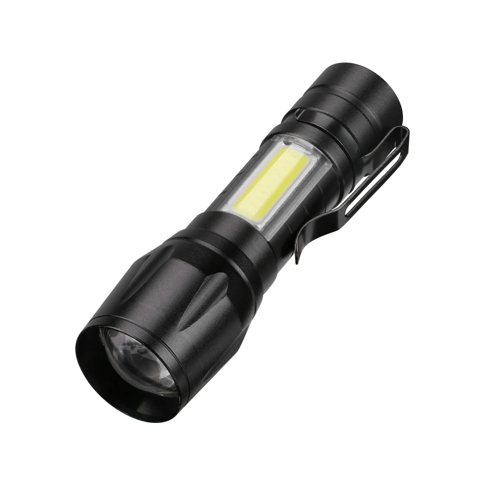 Newest USB Charging XPE+COB LED Flashlight Lamp Torch With Clip 3 Mode Zoomable Lamp Built in Battery with Box For Gift Light