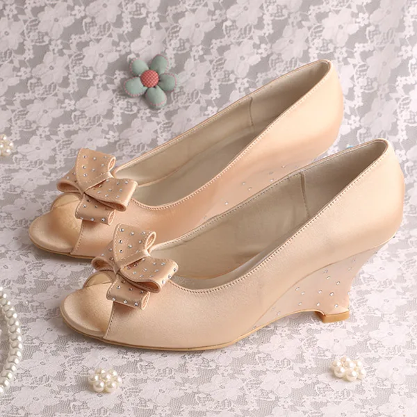 (More Colors)Hot Sale Cream Satin Wedge Heeled Women Shoes Open Toes