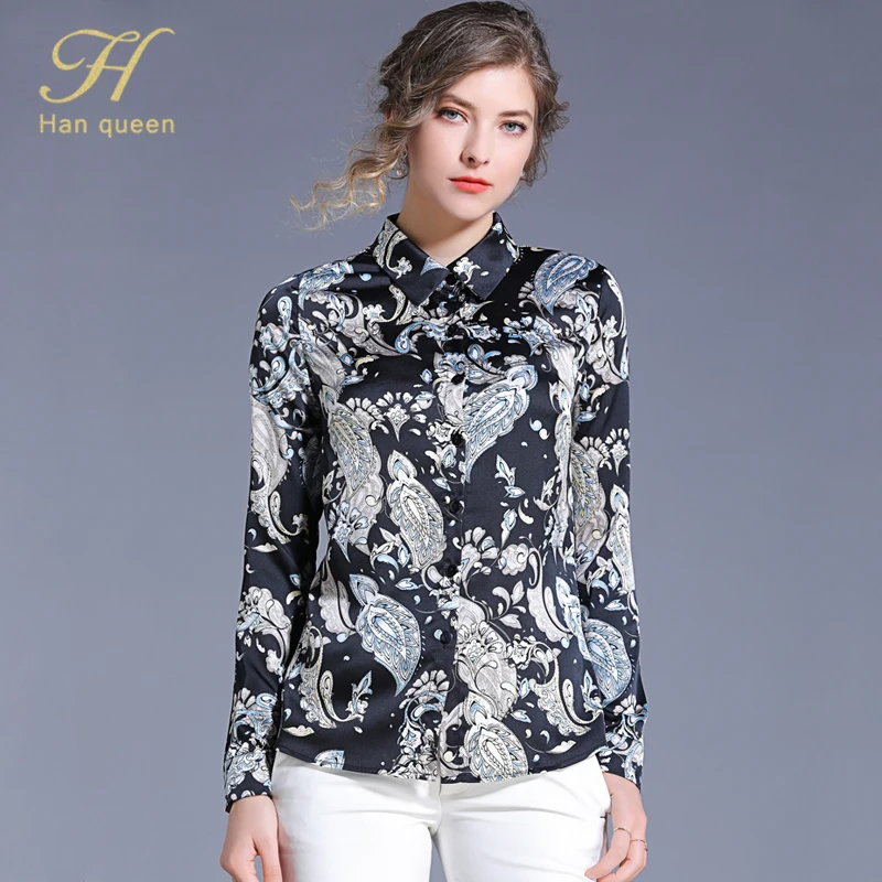 H han queen однобортный принт Повседневная Женская блузка с длинным рукавом Элегантная Свободная рубашка больших размеров женские Топы Блузки - Цвет: Photo Color
