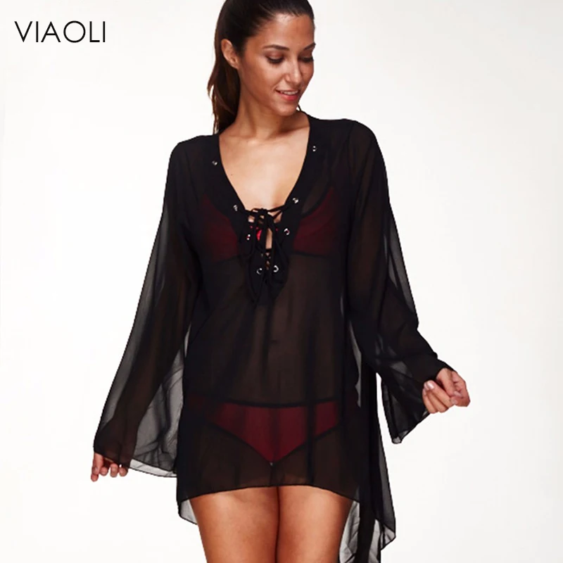 

VIAOLI New Pareo Beach Cover Up Long Sleeve Irregular Chiffon Bikini Cover Up Swimsuit Women Summer Beach Tunic Dress Beachwear