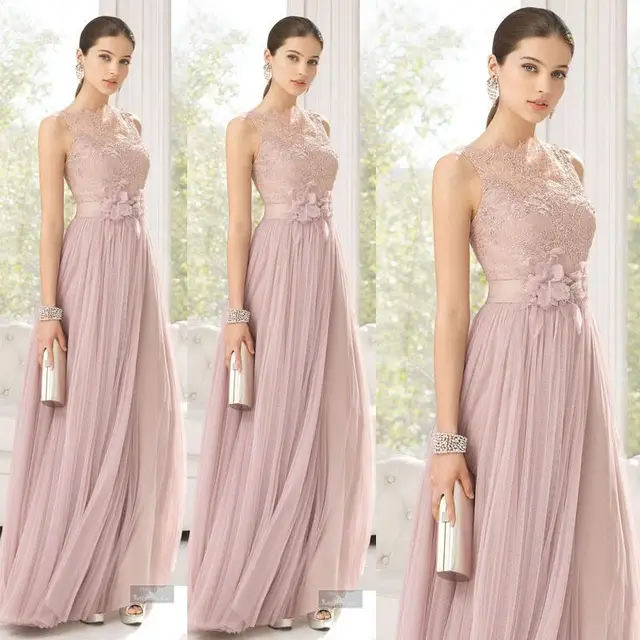 Bridesmaids Dresses Blush Color Tulle Lace Hand Made Flowers Long Bridesmaids Dresses Blush Color Tulle Lace Hand Made Flowers Long Maid Of Honor Floor Length