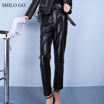 

SHILO GO Leather Pants Womens Spring Fashion sheepskin genuine leather Pants round metal belt Casual concise harem pants