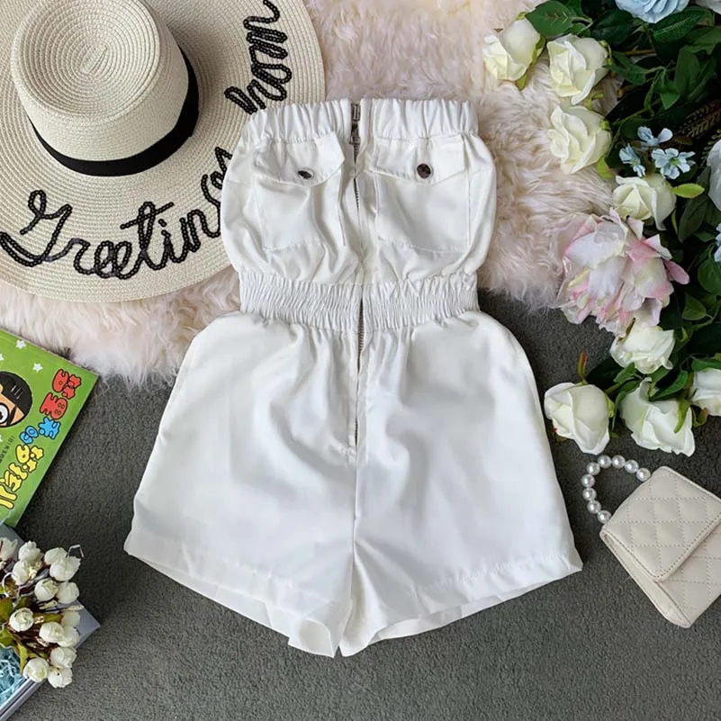 

Women Solid Rompers Korean Casual Tube Top Playsuit Femal Vestidos Mujer Stretch Thread Sash Chic High-Waist Jumpsuit