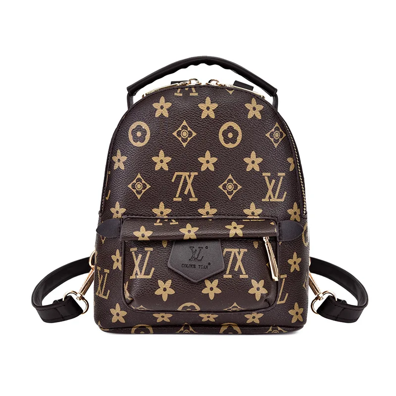 

Fashion Lady Brown Women Small Backpack PU Leather Casual Flower Letter Printed Backpacks High Quality School Books Bag