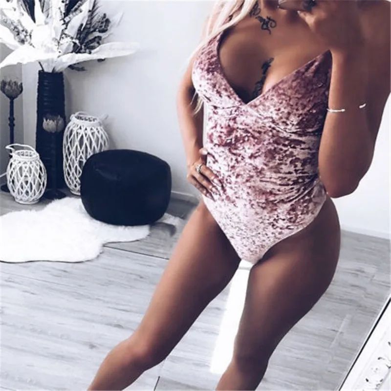 2018 New Sexy Womens Crushed Velvet V Neck Sleeveless Straps Bodysuit Leotard Vest Tops Jumpsuit Female Women Clothes
