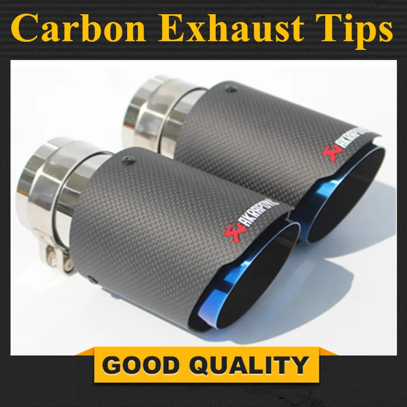 

Newest Style Carbon fiber +Blue stainless steel universal exhaust system end pipe+black carbon Akrapovic car exhaust tip 2 piece