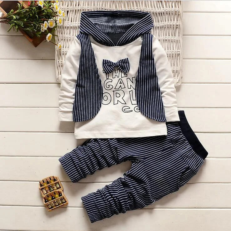 

Autumn Suits For Boys Striped Bow New Year Costumes For Kids Conjunto Menino Two Fake Hooded Sweater Suit Children' s Clothing