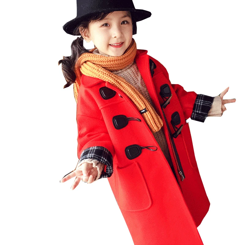 Новая весенне-Осенняя шерстяная куртка для девочек пальто с роговыми пряжками одежда для детей Одежда для маленьких девочек удобная ветровка с капюшоном