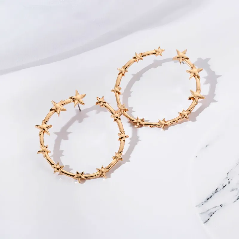 

2019 NEW Fashion Statement Pentagram Big Round Gold Stud Earrings for Women Irregular Geometric Stars Party Wedding Jewelry