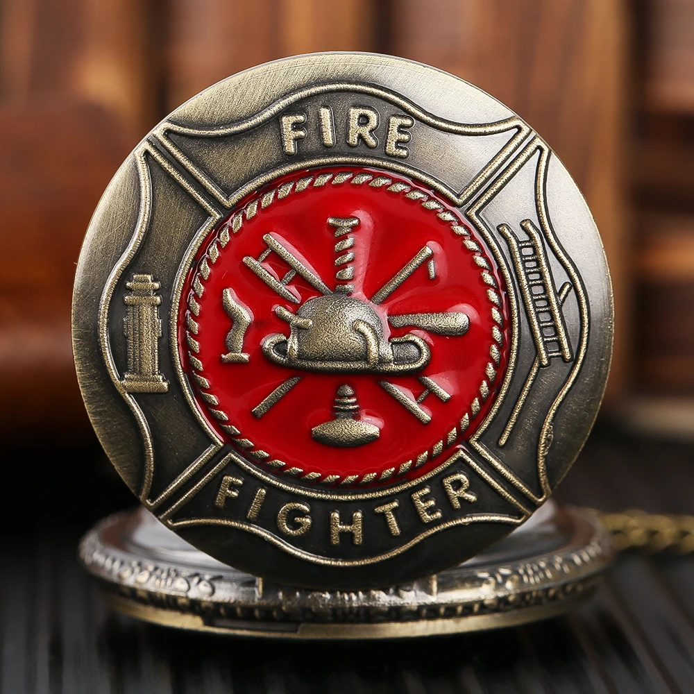 

Red Fire Fighter Theme Pocket Watch Mens Copper Hero Pendant Quartz Women Watches Vintage Ladies Necklace Clock With Gift