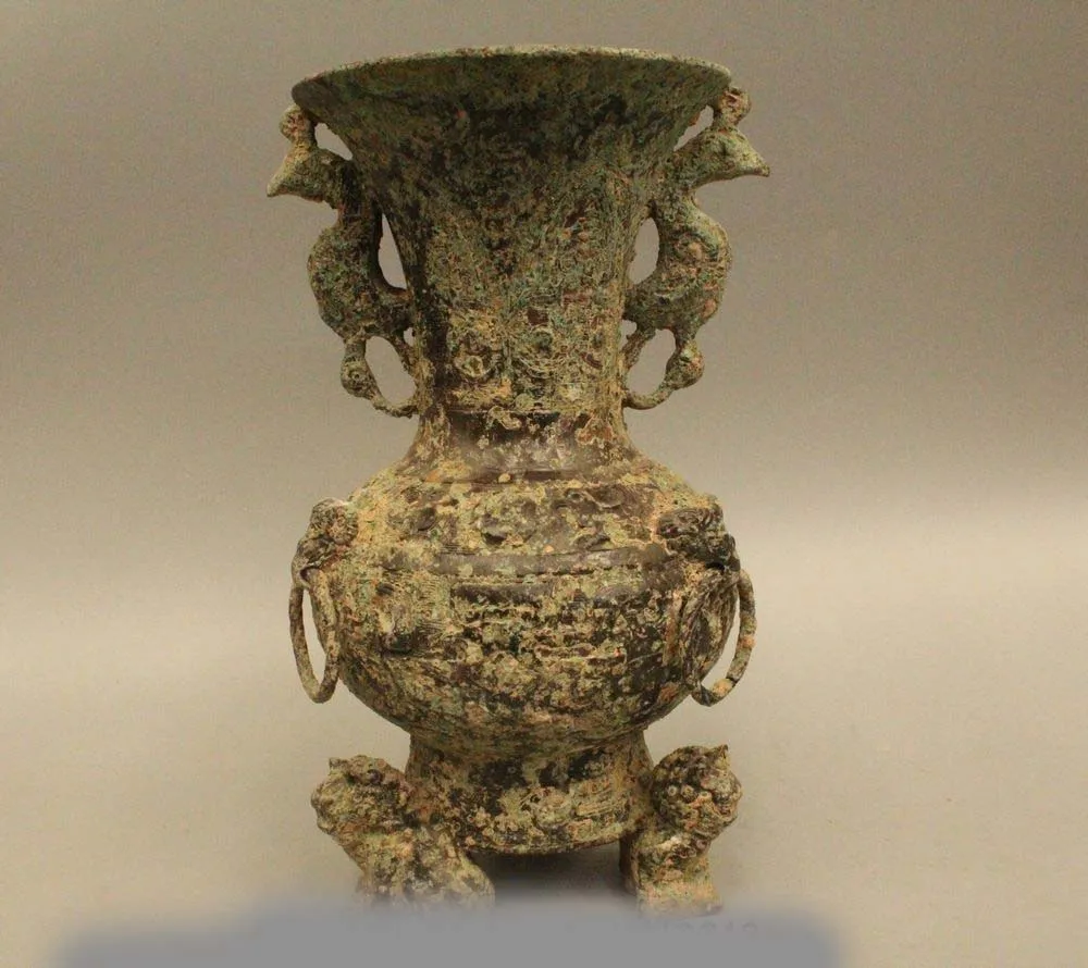 

11" Ancient Chinese Dynasty Palace Old Bronze Beast Bird Flower Bottle Vase Pot