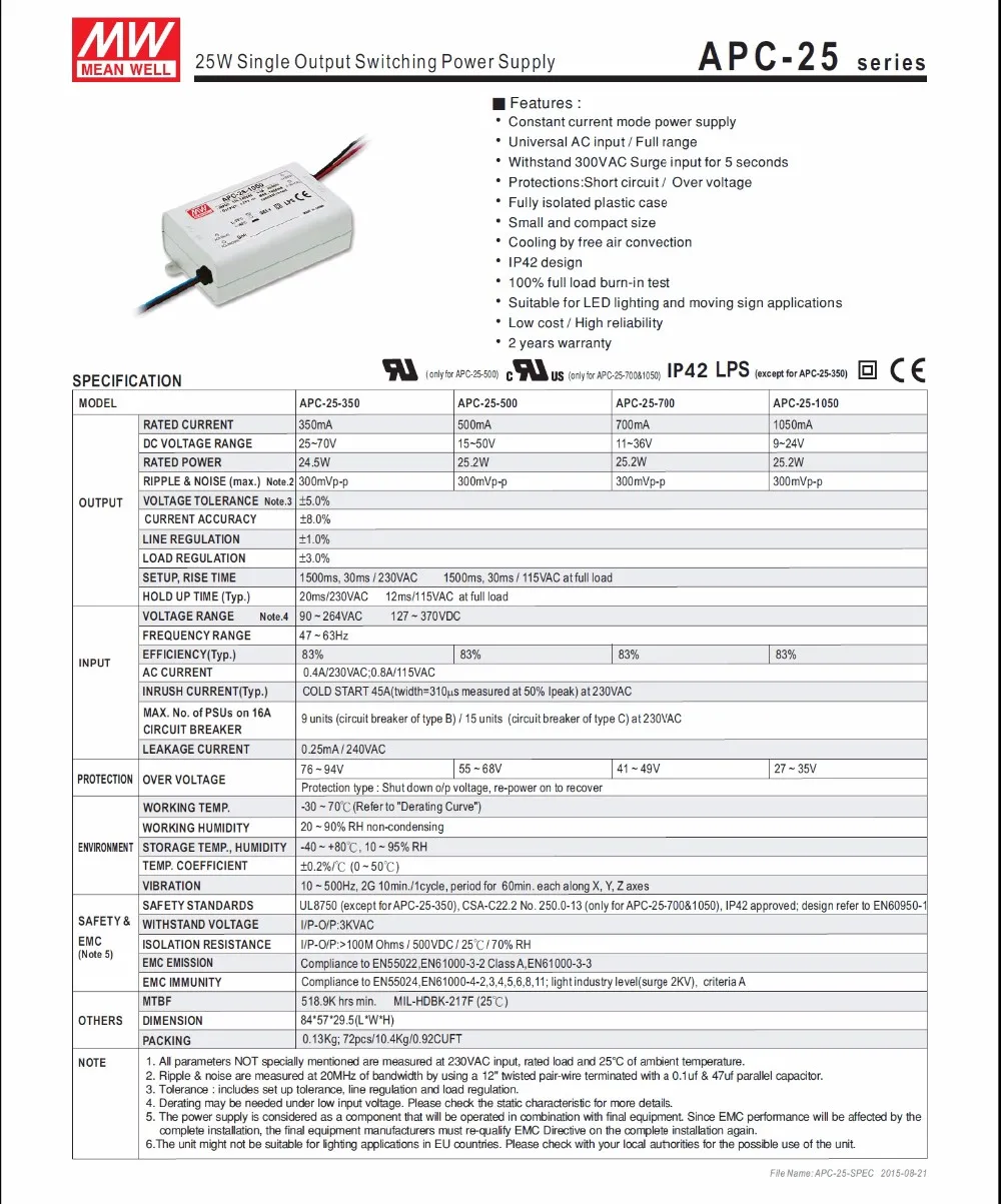 Значит apc-25-500 25 Вт 15-50 В 500ma LED Водонепроницаемый драйвер, один Выход Импульсные блоки питания