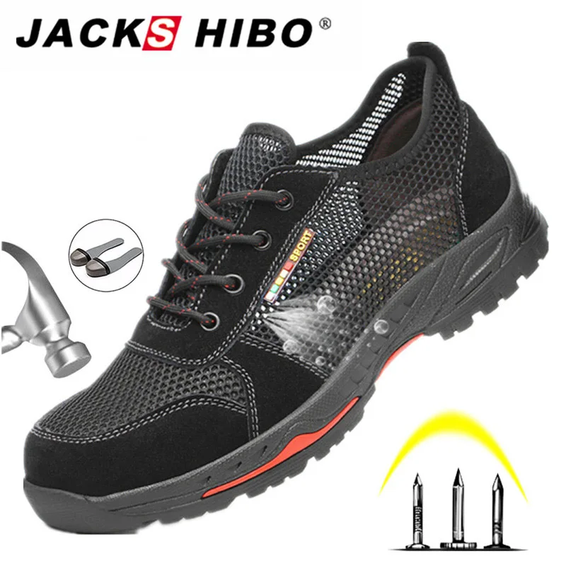 

JACKSHIBO Men Work Boots Safety Shoes Summer Breathable Security Shoes For Male Steel Toe Cap Lightweight Indestructible Shoes