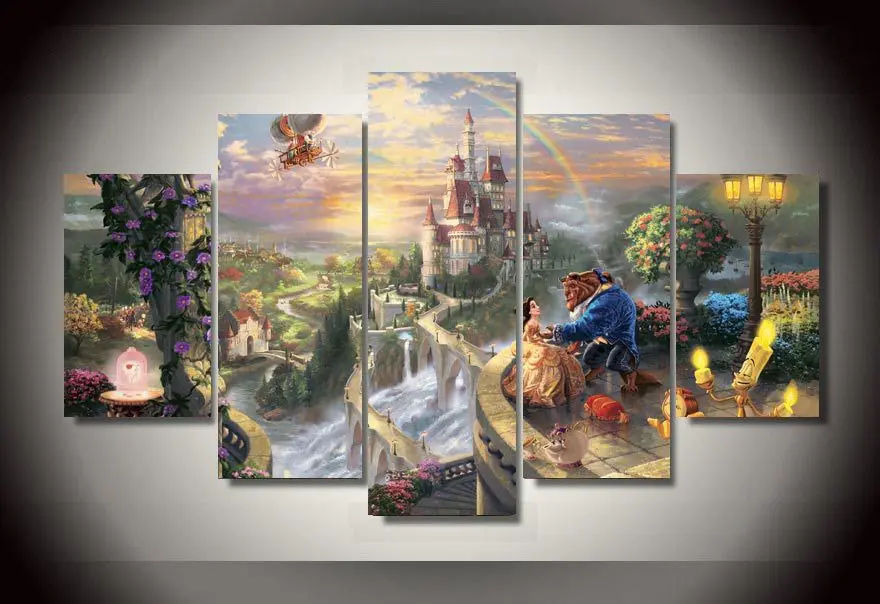 Us 19 0 Framed Printed Cartoon Beauty And Beast Group Painting Children S Room Decor Print Poster Picture Canvas Free Shipping Wo 472 In Painting