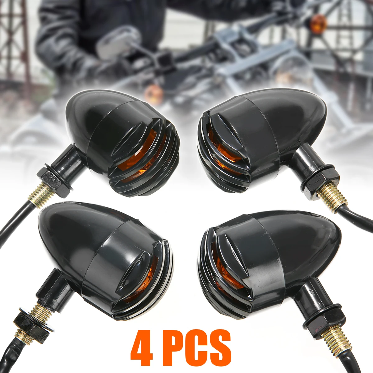 

For Honda Suzuki Kawasaki 4Pcs DC12V Motorcycle Retro Black Grill Bullet Amber Bulb LED Turn Signal Indicator Light