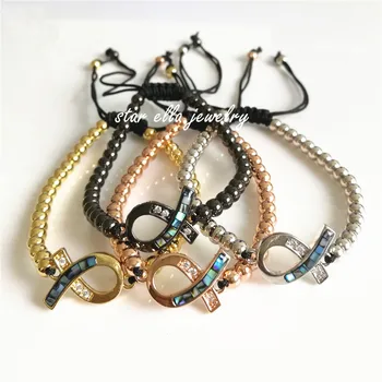 

10pcs/lot Strand Bracelet Micro Pave Cubic Zirconia Abalone Ribbon Charm Braiding Macrame Bracelet Rope Pulsera Bisuteria